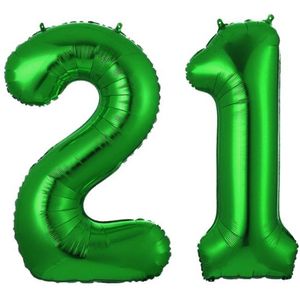 Folie Ballon Cijfer 21 Jaar Groen Verjaardag Versiering Helium Cijfer ballonnen Feest versiering Met Rietje - 70Cm