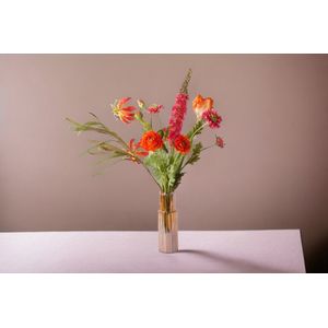 WinQ -Veldboeket - Zijden bloemen compleet in Pink/ Rood/ Oranje - Inclusief Glasvaas- Plukboeket van kunstbloemen – Veldboeket compleet met glasvaas