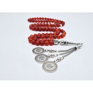 Handgemaakte tesbih natuursteen ""Rood Agaat"" - Aantal kralen 99 - Diameter kralen 8MM - met metaal tassel ""Masha' allah"" - Een mooi cadeau-idee