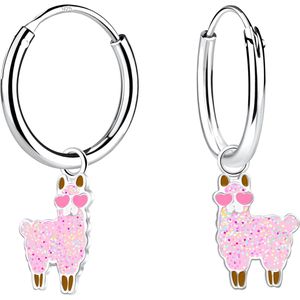 Joy|S - Zilveren alpaca lama bedel oorbellen - oorringen - roze met glitters en roze hartje bril - kinderoorbellen