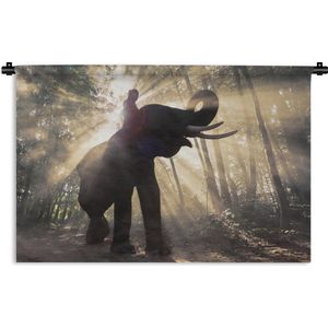 Wandkleed Junglebewoners - Olifant met persoon in fel zonlicht Wandkleed katoen 150x100 cm - Wandtapijt met foto