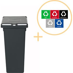 Plafor Fit Bin Prullenbak met Deksel voor Afvalscheiding - 20L – Zwart/Grijs - Inclusief 5-delige Stickerset - Afvalbak voor gemakkelijk Afval Scheiden en Recycling - Afvalemmer - Vuilnisbak voor Huishouden, Keuken en Kantoor - Afvalbakken - Recyclen