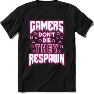 Gamers don't die T-shirt | Neon Roze | Gaming kleding | Grappig game verjaardag cadeau shirt Heren – Dames – Unisex | - Zwart - XXL
