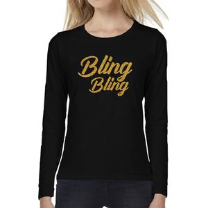 Bling bling longsleeve zwart met gouden glitter tekst dames - Glitter en Glamour goud party kleding shirt met lange mouwen XL