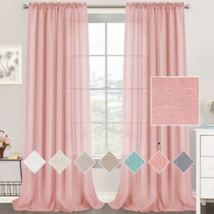 Set of 2 transparent voile curtains, blue transparent ruffle tape, curtain with linen look, short curtains scarves for the living room, bedroom, children's room, 132 x 214 cm (W x H)