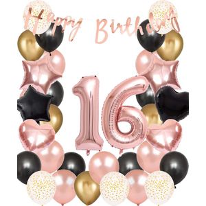 Snoes Ballonnen 16 Jaar Set Mega Rose Black Zwart Ballonen set - Compleet Feestpakket Cijferballon 16 Jaar - Verjaardag Versiering Slinger Happy Birthday – Folieballon – Latex Ballonnen - Helium Ballonnen - Sweet Sixteen