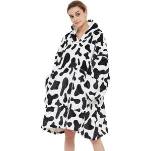 Fleece deken met mouwen en capuchon – Oversized hoodie deken met mouwen – Fleece deken koe – Fleece TV deken – Plaid met mouwen – hoodie blanket - Warm & zacht – Fleece poncho - Koeienprint - Badrock