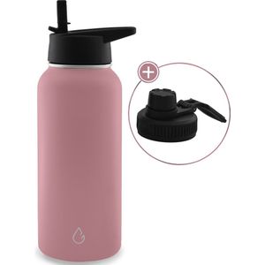 PRO eco waterfles RVS roze 1 liter - dop met rietje en sportdop - drinkfles - thermosfles - sport