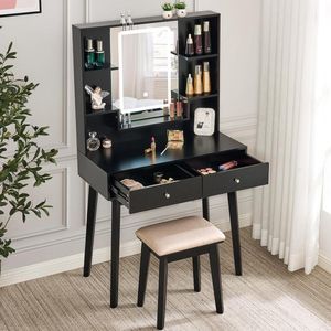 Make-uptafel met 3 kleuren LED-verlichting en 5 opslagruimtes - Eitelheit - verstelbare helderheid - zwart make up tafel