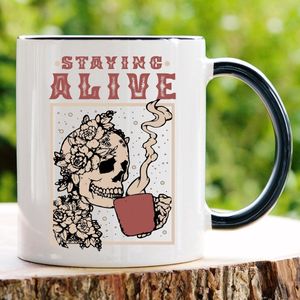 Staying alive white | Mok met tekst | Kerst cadeau | Lol surprise | Grappige mok | Verjaardag cadeau | Cadeau voor man | Cadeau voor vrouw | Cadeau voor haar | Cadeau voor hem | Grappige cadeau | Thee glazen | Valentijn cadeautjes | Koffiekopjes