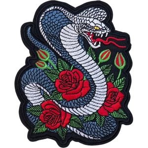 Cobra Slang Rode Rozen Strijk Embleem 9.5 cm / 12.2 cm / Blauwgrijs Rood Groen Zwart