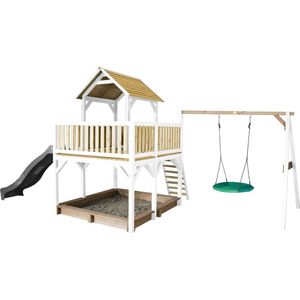 AXI Atka Speeltoestel in Bruin/Wit - Speeltoren met Roxy Nestschommel, Verdieping, Zandbak en Grijze Glijbaan - FSC hout - Speelhuisje op palen met veranda voor kinderen - Speeltoestel voor de tuin / buiten