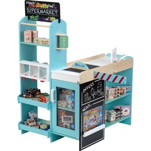 Klein Toys supermarkt - verstelbare poortje, lopende band, betaalautomaat met kassa en kaartlezer - hout - 70x55x100 cm - incl. 50 dozen voor accessoires en 5 papieren zakjes - blauw