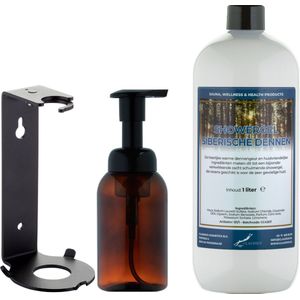 Zeepdispenser 300 ml amber bruin hervulbaar + 1 liter Showergel Siberische Dennen navulling (inclusief beugel)
