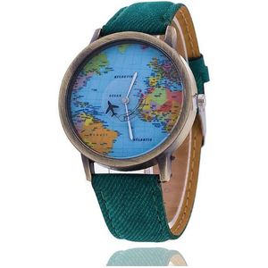 Hidzo Horloge Wereldkaart - Ø 38 mm - Groen - kunstleer - In Horlogedoosje