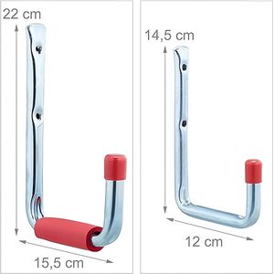 wandhaken set van 6, 2 groottes, tot 17,5 kg, van staal, ophanghaken voor garage, schuur, kelder, zilver-rood