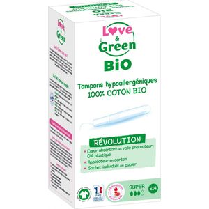 Love & Green Hypoallergeen 100% Organisch Katoen 14 Super Pads met Applicator