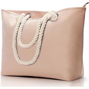 Grote strandtas - Beige/roze - Schoudertas voor volwassenen - 57 x 37 x 18 - Waterdicht, verdikt, scheurvast - Handtas met ritssluiting - 4 vakken - Zwemtas, sporttas, grote shopper, badtas - Grote capaciteit