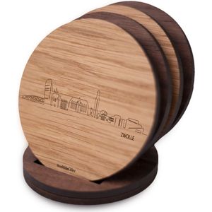 Skyline Onderzetters Zwolle - Eiken en noten hout - 4 stuk(s) + houder - Ø 9 cm Rond - Cadeau - Woon decoratie - Woonkamer - WoodWideCities