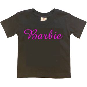 Barbie T-shirt zwart met FLUOR PINK Opdruk (maat 122/128)