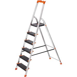 SONGMICS ladder 6 treden, aluminium ladder, 12 cm brede treden, trapladder, gereedschapsbak, vouwladder, antislip, max. statisch draagvermogen 150 kg, TÜV Rheinland GS-certificaat, voldoet aan EN131 GLT06BK