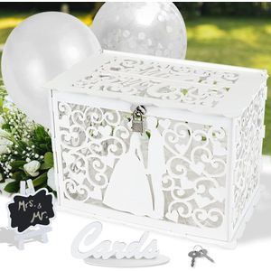 Bruiloft cadeaukaartenbox, bruiloftskaartenbox hout met slot, bruiloftskaartenkist geldbox met bast en ballonnen, witte vintage kaartenbox voor bruiloft, verlovingsfeest, bruidsdouche (stijl 2)