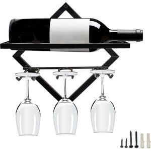Metalen wandgemonteerde wijnhouder, Stemware Glass Rack, upgrade inklapbaar wandbehang, rode wijnrek, organizer met 3 glazen houders, zwarte wijnflessenhangers voor thuis, keuken, bar, wanddecoratie