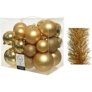 Kerstversiering kunststof kerstballen 6-8-10 cm met folieslingers pakket goud van 28x stuks - Kerstboomversiering