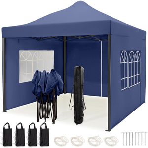 LifeGoods Partytent - Paviljoen - 3x3 m - Zijwanden - Easy Up - Opvouwbaar - Waterdicht - Draagtas met Wieltjes - Donkerblauw