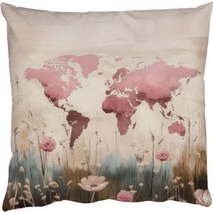 Sierkussens - Kussentjes Woonkamer - 60x60 cm - Wereldkaart - Roze - Bloemen