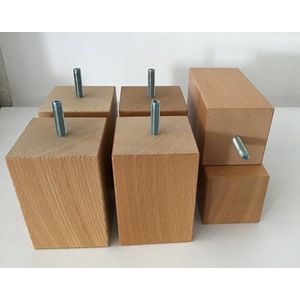 Set van 6 houten meubelpoten Natuurkleur beuken 10 cm hoogte 7x7 cm met M8 draadeinde Boxspring bedden banken