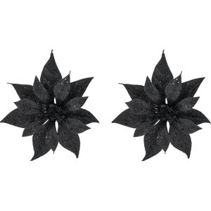 2x stuks decoratie bloemen kerststerren zwart glitter op clip 18 cm - Decoratiebloemen/kerstboomversiering
