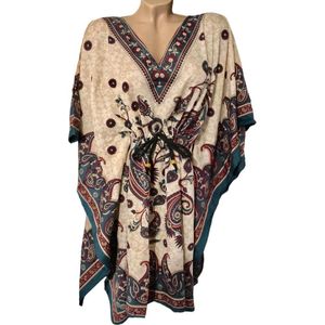 Kaftan - Tuniek - Jurk - Middellang - Petrol/Beige - Maat One size (344)