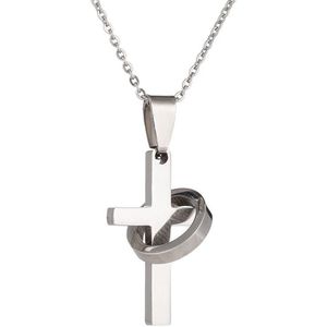 Fako Bijoux® - Ketting Met Kruisje Met Ring - Stainless Steel - RVS - Staal - Zilverkleurig