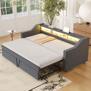 Sweiko Uitschuifbare slaapbank - 90/180 x 190 cm - LED verlichting - USB aansluiting - zonder matras - donkergrijs