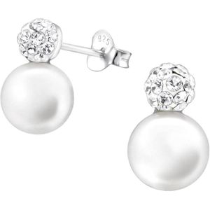Oorbellen dames | Oorstekers | Zilveren oorstekers, bolletje met kristallen en parel | WeLoveSilver