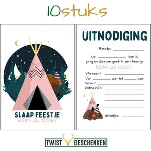 Uitnodigingen kinderfeestje - uitnodiging slaapfeestje - slaapfeestje - 10 stuks - uitnodigen feestje beer - party time - uitnodiging kinderfeestje - uitnodigingen meisje -