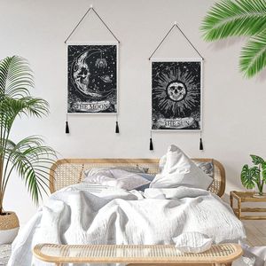 Schedel tapijt Tarot wandbehang, wandtapijt set X2 zon en maan psychedelisch tapijt Indiaas hippie woondecoratie (schedel)