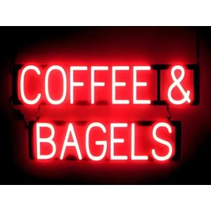 COFFEE & BAGELS - Lichtreclame Neon LED bord verlicht | SpellBrite | 76 x 38 cm | 6 Dimstanden - 8 Lichtanimaties | Reclamebord neon verlichting