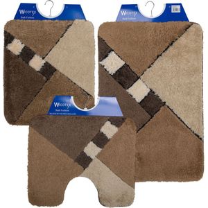 Wicotex - Badmat set - Badmat - Toiletmat - Bidetmat Taupe - Beige geblokt - Antislip onderkant - WC mat met uitsparing