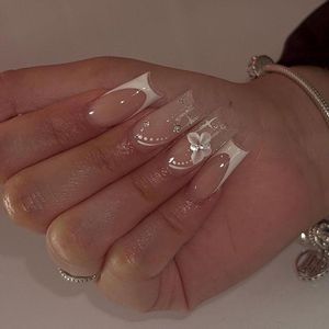 24 pieces long nails for printing square clear artificial nails French glittering false rhinestone nails butterfly design for women and girls.