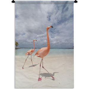 Wandkleed Flamingo  - Twee flamingo's op een eiland in Aruba Wandkleed katoen 60x90 cm - Wandtapijt met foto