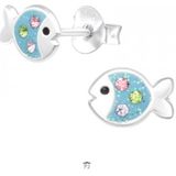 Oorbellen meisjes zilver | Zilveren oorstekers, blauwe vis met gekleurde kristallen