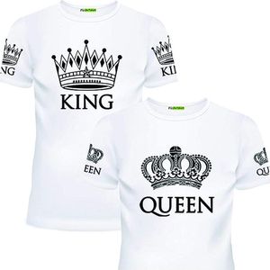PicOnTshirt - Teetalks Series - T-Shirt Dames - T-Shirt Heren - T-Shirt Met Print - Couple T-Shirt Met King and Queen Print - 2 Pack - Wit - Heren L/Dames L