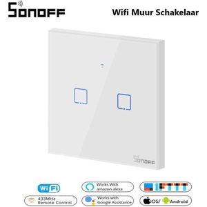 Sonoff - WiFi + RF - Serie schakelaar - Wit - 2-Gang Touchschakelaar - Glazen paneel - Model: TX|T0EU2C - Geschikt voor Google home & Amazon Alexa