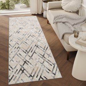 Tapiso Crystal Loper Tapijtloper Beige Lichtgrijs Laagpolig Vloerkleed Maat- 80x500