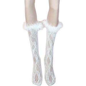 BamBella® Sokken panty stof Dames - Onesize Wit kant met veren net kousen