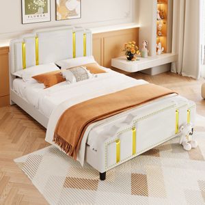 Sweiko 140*200cm Tweepersoonsbed, Plat bed, Gestoffeerd bed, Gouden strepen, Lichte luxe stijl, Minimalistische styling, Beige