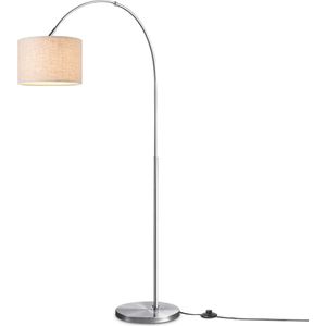 Home Sweet Home - Moderne Boog Vloerlamp Duke - staande lamp fischer met wit linnen lampenkap - Geborsteld staal - 98/30/180cm - geschikt voor E27 LED lichtbron - geschikt voor woonkamer, slaapkamer en thuiskantoor - met voetschakelaar