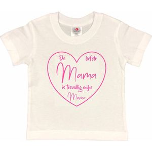 T-shirt Kinderen ""De liefste mama is toevallig mijn mama"" Moederdag | korte mouw | Wit/roze | maat 122/128